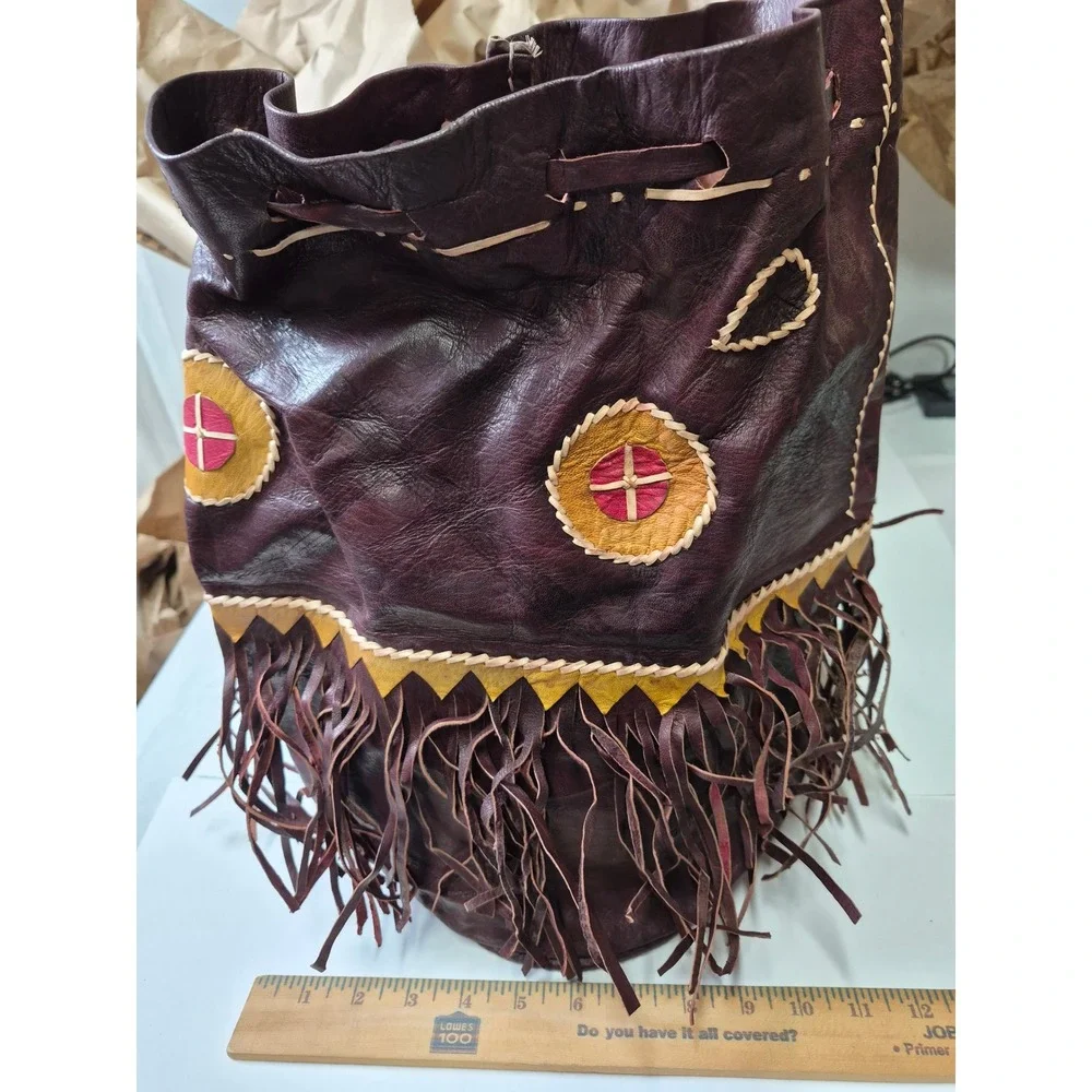 Vintage Handmade Leather Fringe Medicine Bag Drawstring Pouch Burgundy Boho